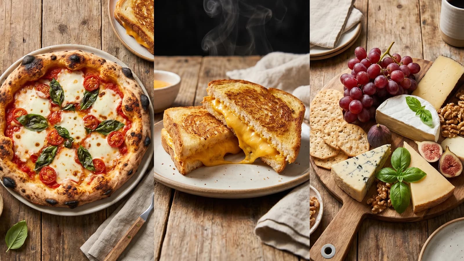 Plant-based cheese dishes — pizza, grilled cheese and a cheese board