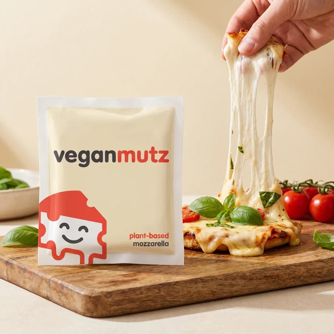 VeganMutz plant-based mozzarella with a melty cheese pull